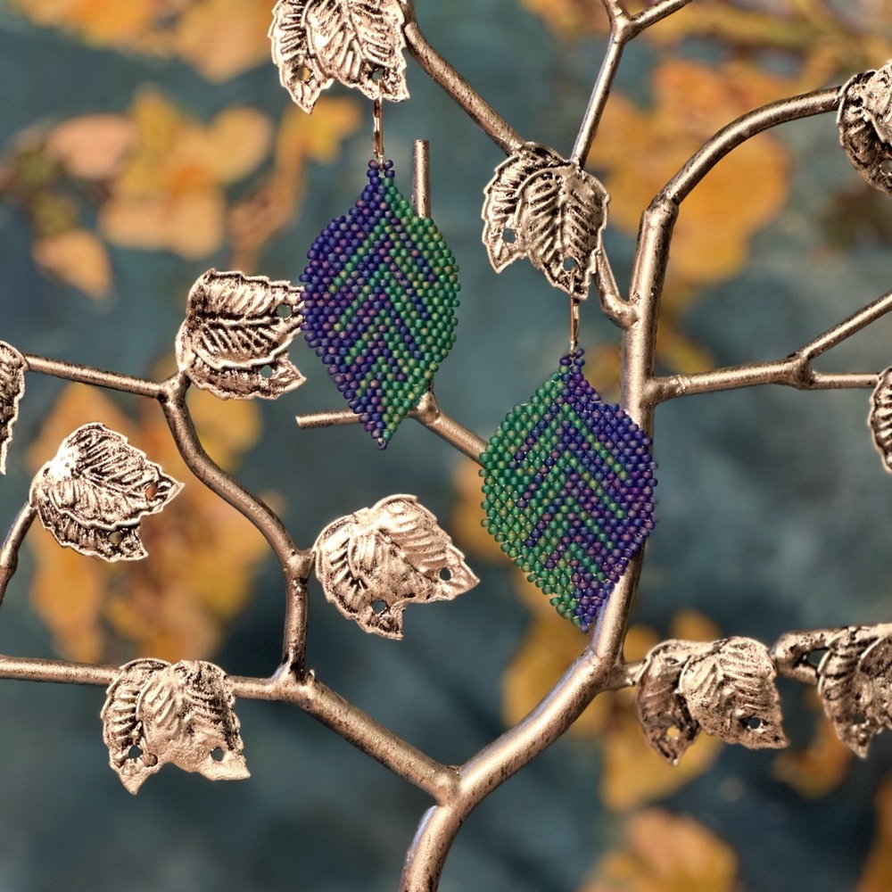 Elegant Beaded Leaf Earrings in Blue and Green